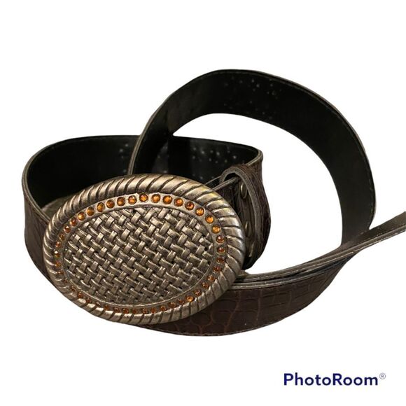 Dark Brown Faux Leather Crystal Bling Belt - Picture 1 of 9